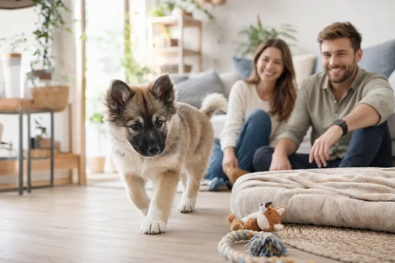 Ein neugieriger Isländischer Schäferhund Welpe erkundet sein neues Zuhause mit liebevoller Familie im Hintergrund.
