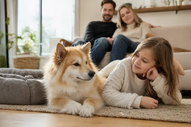 Ein Isländischer Spitz liegt entspannt neben einem Kind im hellen Wohnzimmer, während die Eltern im Hintergrund eine sichere Familienatmosphäre vermitteln.