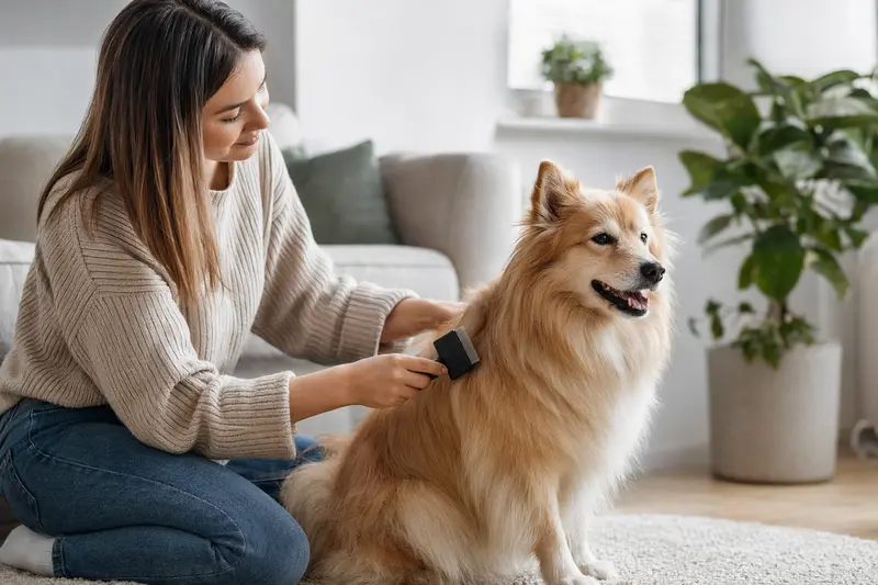 Ein Isländischer Spitz wird in einer hellen Wohnung sanft gebürstet, während sein Besitzer liebevoll die Fellpflege übernimmt.