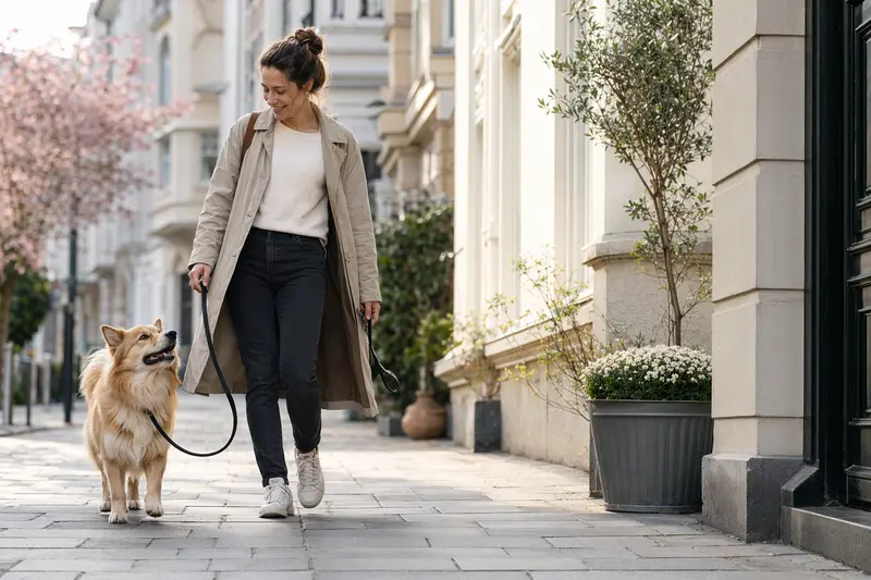Ein Isländischer Spitz läuft an der Leine mit seinem Besitzer durch eine moderne Stadtstraße.