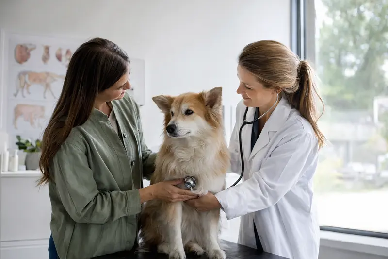 Ein Isländischer Spitz Hund wird sanft von einer Tierärztin mit einem Stethoskop auf dem Untersuchungstisch in einer modernen Praxis untersucht.