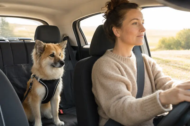 Ein Isländischer Spitz Hund sitzt sicher angeschnallt auf der Rückbank eines Autos, während sein Besitzer fährt.
