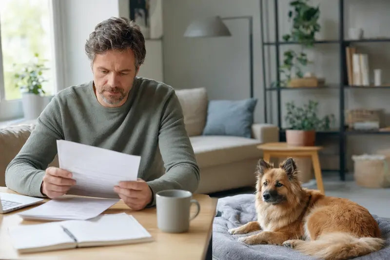 Ein Isländischer Spitz liegt entspannt auf einer Decke, während sein Besitzer am Tisch eine Tierarztrechnung prüft – ein realistisches Bild zu Hundekosten und Absicherung.