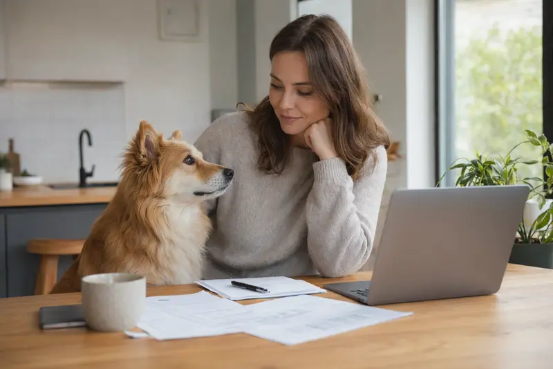 Ein isländischer Spitz sitzt ruhig neben seinem Besitzer am Küchentisch mit Versicherungsunterlagen und Laptop.