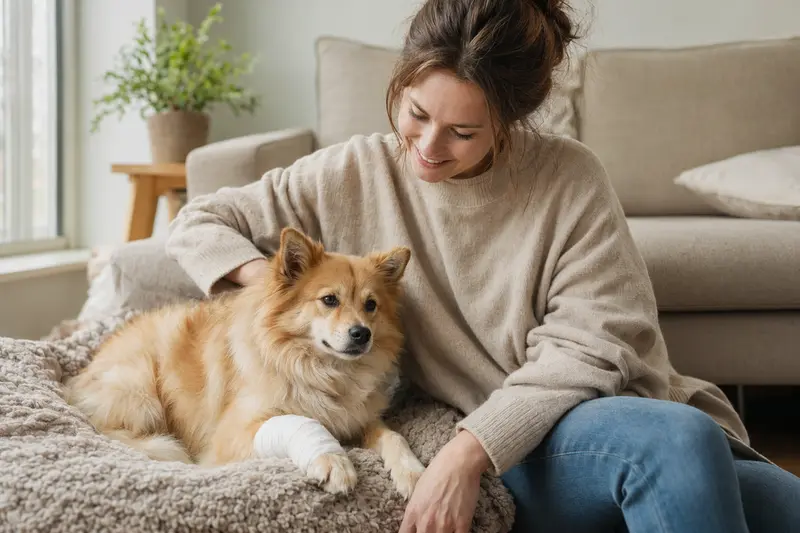 Ein Isländischer Spitz Hund mit Verband an der Pfote und seinem erleichterten Besitzer in einer hellen, fürsorglichen Wohnung.