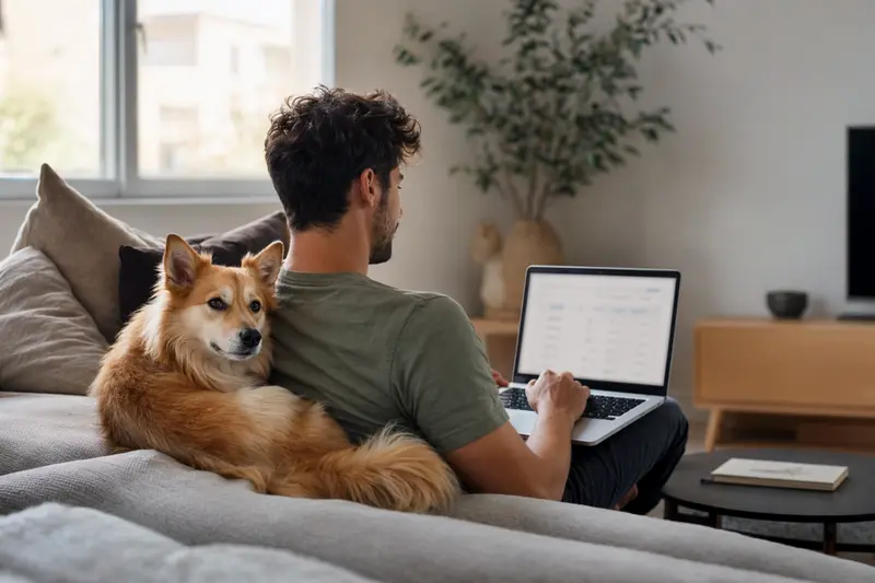 Ein Hundebesitzer arbeitet am Laptop auf dem Sofa mit seinem Isländischen Spitz.