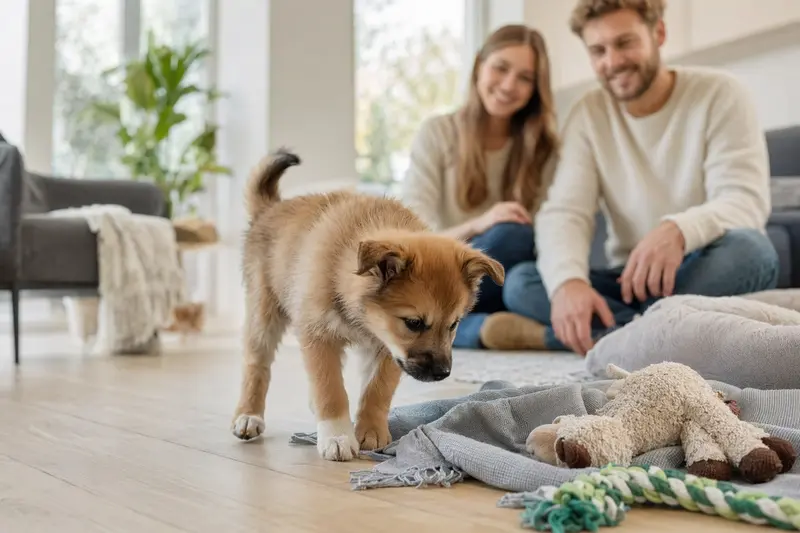 Ein junger Isländischer Spitz Welpe erkundet neugierig seine neue Umgebung mit Spielzeug und einer liebevollen Familie im Hintergrund.