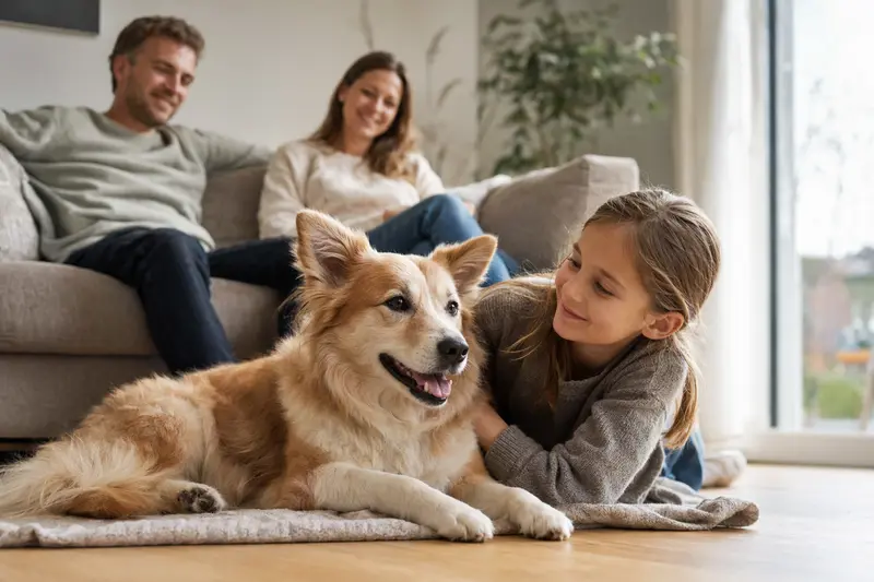 Ein freundlicher Islandhund liegt entspannt neben einem Kind im Wohnzimmer, während die Eltern im Hintergrund eine sichere Familienatmosphäre unter warmem Licht schaffen.