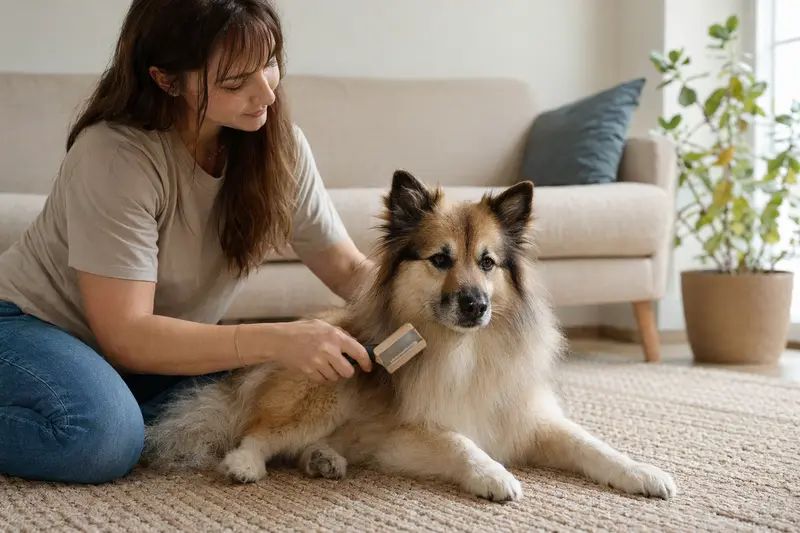 Ein Islandhund wird zuhause von seinem Besitzer sanft gebürstet, was liebevolle Fellpflege und verantwortungsvolle Hundegesundheit zeigt.