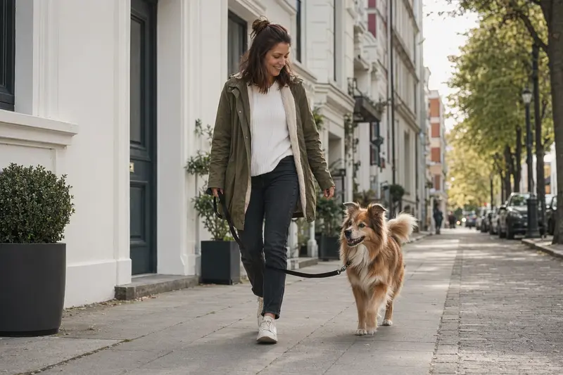 Ein Islandhund läuft an der Leine neben seinem Besitzer durch eine freundliche moderne Stadtstraße.
