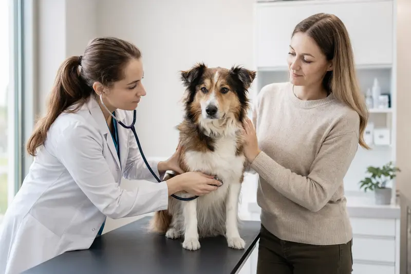 Ein ruhiger Islandhund wird behutsam von einer freundlichen Tierärztin mit einem Stethoskop in einer modernen Tierarztpraxis untersucht, während der Besitzer ihm beruhigend zur Seite steht.
