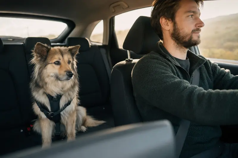 Ein sicher angeschnallter Islandhund auf der Rückbank eines Autos, das Sonnenlicht scheint durch das Fenster.
