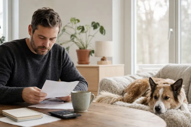 Ein Hundebesitzer sitzt mit einer Tierarztrechnung am Tisch, während ein entspannter Islandhund auf einer Decke liegt und das Thema Hundekrankenversicherung ruhig und alltagsnah veranschaulicht.