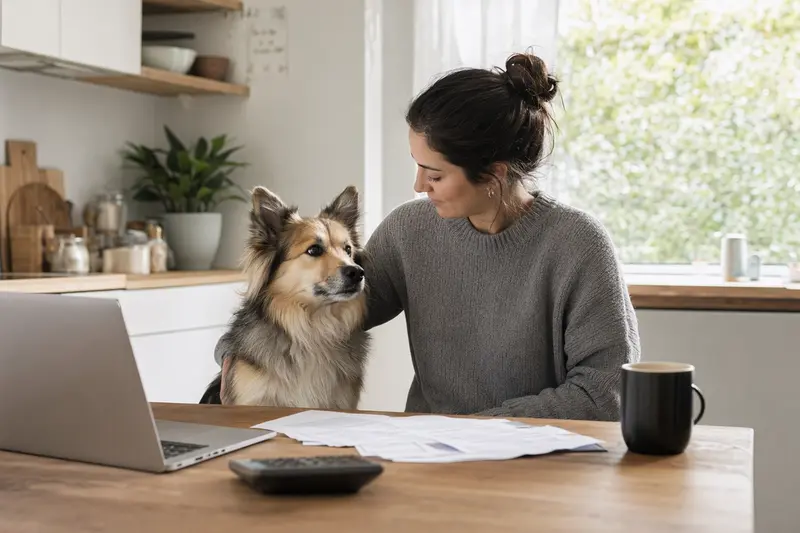 Ein Islandhund sitzt ruhig neben seinem Besitzer am Küchentisch, auf dem Versicherungsunterlagen und ein Laptop liegen.