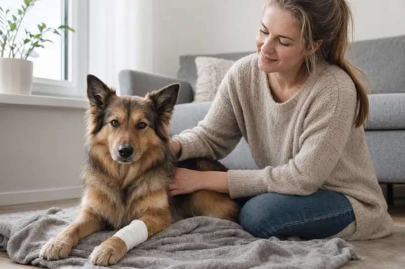 Islandhund mit leichtem Verband an der Pfote liegt entspannt neben seinem erleichterten Besitzer auf einer Decke in einer hellen Wohnung.