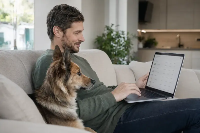Ein verantwortungsbewusster Hundebesitzer arbeitet am Laptop, während sein Islandhund zufrieden auf dem Sofa sitzt und die neutrale Versicherungsvergleichsseite im Hintergrund zu sehen ist.