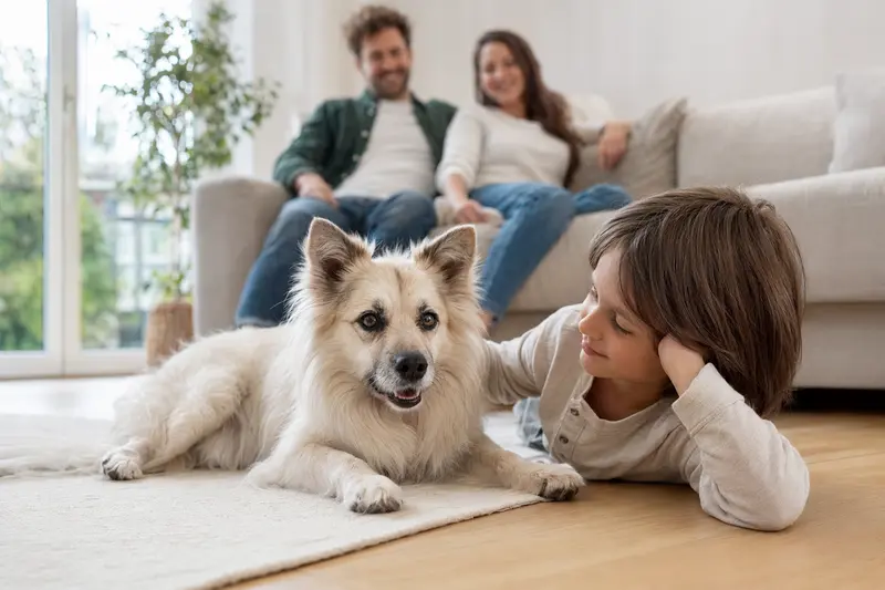 Ein freundlicher Israel Spitz Hund liegt entspannt neben einem Kind im hellen Wohnzimmer, während die Eltern im Hintergrund eine sichere Familienatmosphäre schaffen.