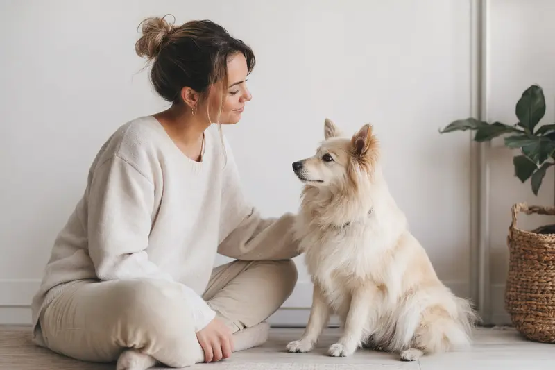 Ein aufmerksamer Israel Spitz Hund steht in natürlicher Haltung vor hellem neutralem Hintergrund.