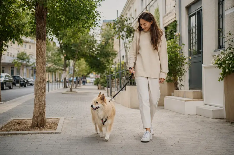 Ein Israel Spitz Hund läuft an der Leine mit seinem Besitzer durch eine moderne Stadtstraße.