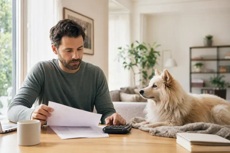 Ein Hundehalter sitzt mit einer Tierarztrechnung am Tisch, während ein entspannter Israel Spitz auf einer Decke liegt und eine ruhige Versicherungssituation andeutet.