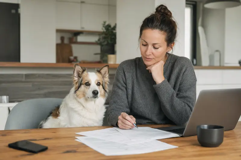 Ein ruhiger Israel Spitz Hund sitzt neben seinem Besitzer am Küchentisch, während Versicherungsunterlagen und ein Laptop mit einer Vergleichsseite daraufliegen.