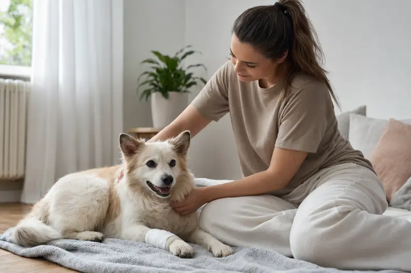 Ein Israel Spitz Hund mit Verband an der Pfote liegt entspannt auf einer Decke neben seinem erleichterten Besitzer.