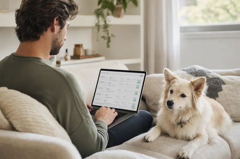 Ein Hundebesitzer sitzt auf dem Sofa mit Laptop, während ein Israel Spitz daneben sitzt und eine neutrale Versicherungsvergleichsseite auf dem Bildschirm zu sehen ist.