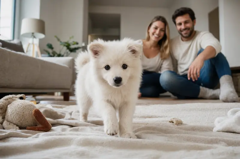Ein neugieriger Israel Spitz Welpe erkundet seine neue Wohnung mit einer liebevollen Familie im Hintergrund.