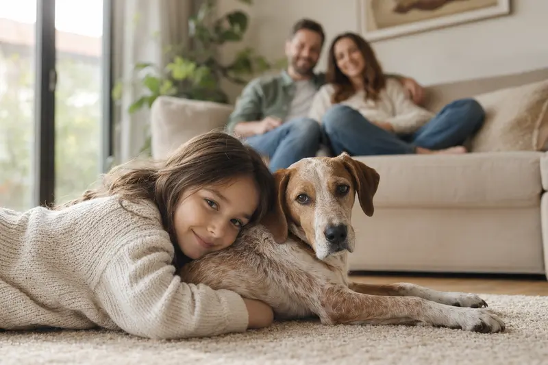 Ein freundlicher Istarski Kratkodlaki Gonic liegt entspannt neben einem Kind im Wohnzimmer, während die Eltern im Hintergrund für eine sichere Familienatmosphäre sorgen.