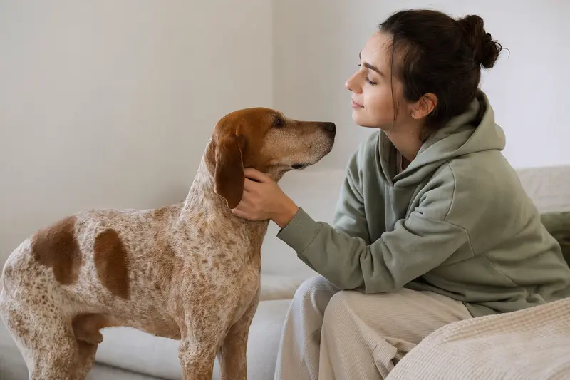 Istarski Kratkodlaki Gonic Hund steht aufmerksam vor hellem Hintergrund in einer natürlichen Portraitaufnahme.