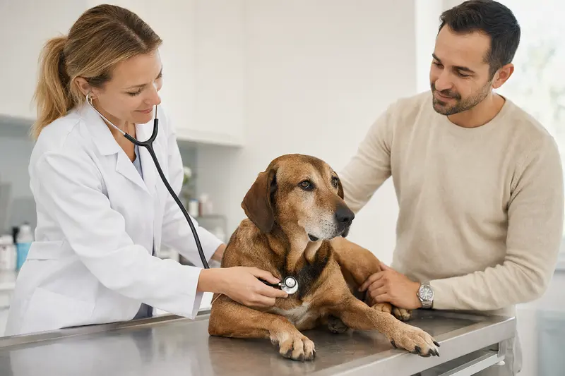 Ein ruhiger Istarski Kratkodlaki Gonic Hund wird von einer freundlichen Tierärztin mit Stethoskop in einer modernen Tierarztpraxis untersucht, während der Besitzer beruhigend danebensteht.