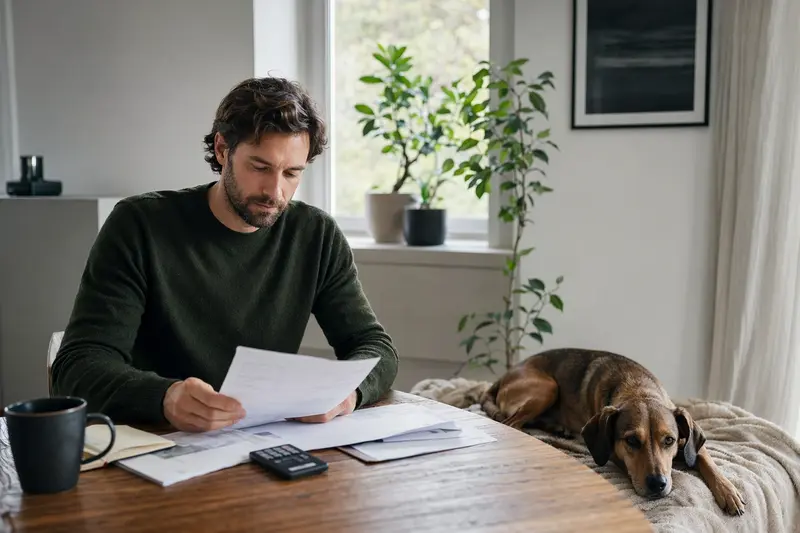 Ein Hundehalter sitzt mit Tierarztrechnung am Tisch, während ein entspannter Istarski Kratkodlaki Gonic auf einer Decke liegt, passend zum Thema Hundekrankenversicherung und Tierarztkosten.