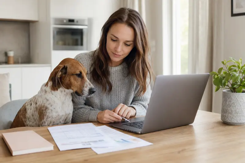 Ein Istarski Kratkodlaki Gonic Hund sitzt ruhig neben seinem Besitzer, während auf dem Küchentisch Versicherungsunterlagen und ein Laptop liegen.