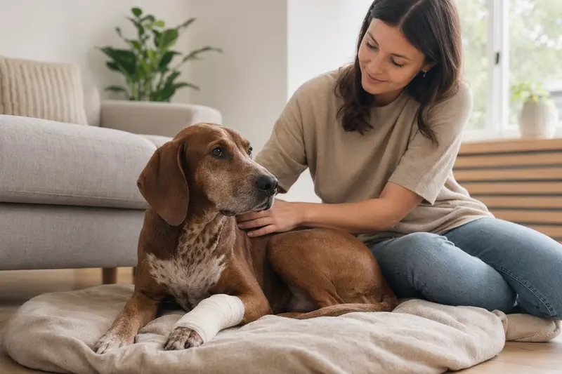 Ein Istarski Kratkodlaki Gonic Hund mit einem leichten Verband an der Pfote liegt entspannt auf einer Decke, während sein Besitzer erleichtert neben ihm sitzt.