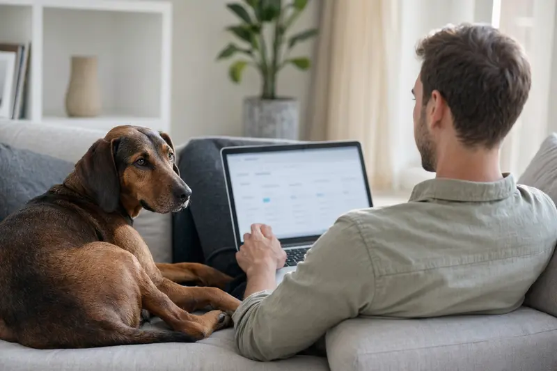 Ein Besitzer sitzt mit Laptop auf dem Sofa, neben einem Istarski Kratkodlaki Gonic Hund, der Bildschirm zeigt eine neutrale Versicherungsvergleichs-Oberfläche.