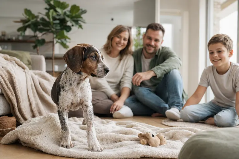 Ein neugieriger Istarski Kratkodlaki Gonic Welpe erkundet sein neues Zuhause mit weicher Decke und Spielzeug, während eine liebevolle Familie im Hintergrund sichtbar ist.