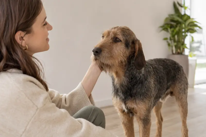 Ein aufmerksam stehender Istarski Ostrodlaki Gonic Hund vor hellem Hintergrund als realistisches Tierportrait.