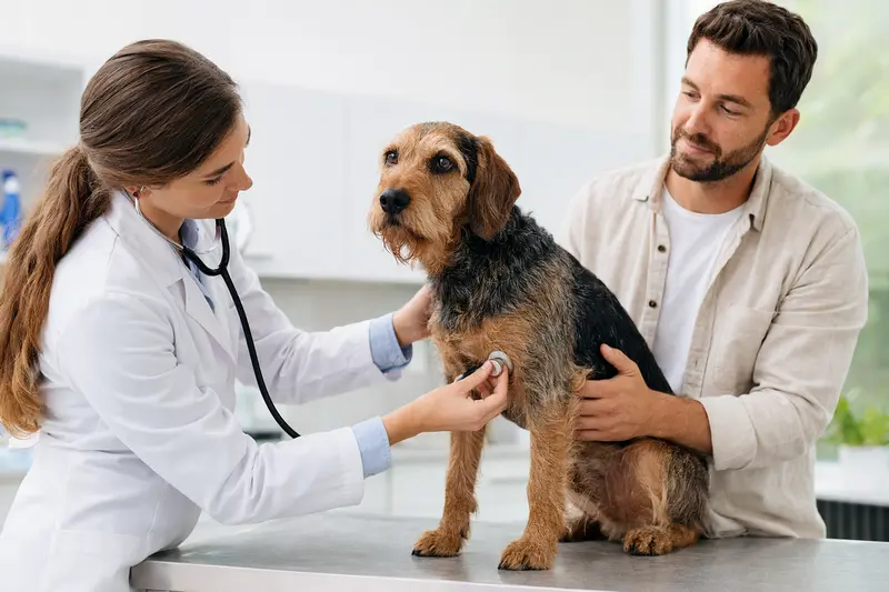 Ein Istarski Ostrodlaki Gonic Hund wird von einer Tierärztin in einer modernen Praxis mit einem Stethoskop untersucht, während sein Besitzer beruhigend danebensteht.
