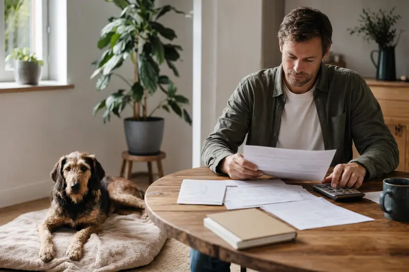 Ein Hundehalter sitzt mit einer Tierarztrechnung am Tisch, während ein entspannter Istarski Ostrodlaki Gonic auf einer Decke liegt – ein ruhiges Motiv zum Thema Hundekrankenversicherung und Tierarztkosten.