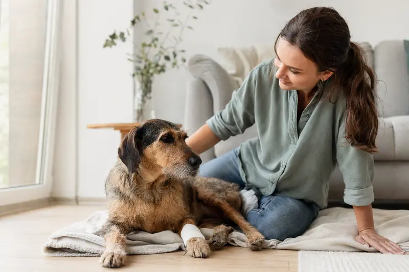 Ein Istarski Ostrodlaki Gonic Hund mit leichtem Verband an der Pfote liegt beruhigt neben seinem Besitzer auf einer Decke.