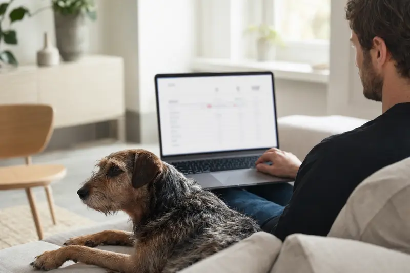 Ein Besitzer sitzt mit einem Laptop auf dem Sofa, während ein Istarski Ostrodlaki Gonic Hund neben ihm liegt und eine unklare Versicherungsvergleichsseite auf dem Bildschirm angezeigt wird.
