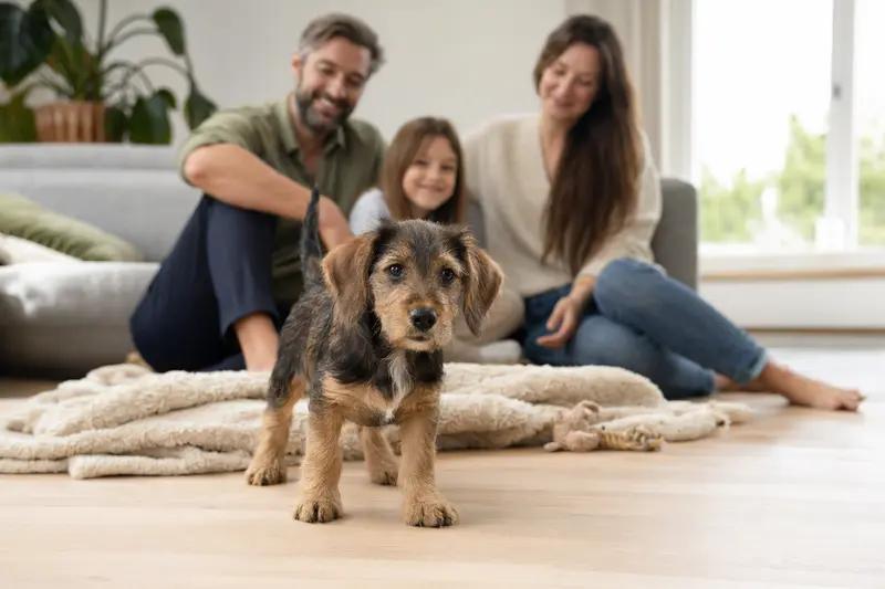 Ein neugieriger Istarski Ostrodlaki Gonic Welpe erkundet seine neue Umgebung mit einer lieben Familie im Hintergrund.