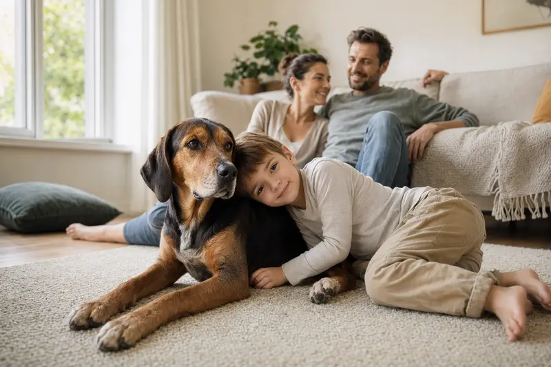 Ein freundlicher Istrianer Bracke Hund liegt entspannt neben einem Kind im Wohnzimmer, während die Eltern im Hintergrund eine sichere und warme Familienatmosphäre schaffen.