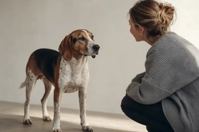 Ein Istrianer Bracke Hund steht aufmerksam vor hellem Hintergrund und zeigt die typischen Merkmale der Rasse in einem realistischen Tierportrait.