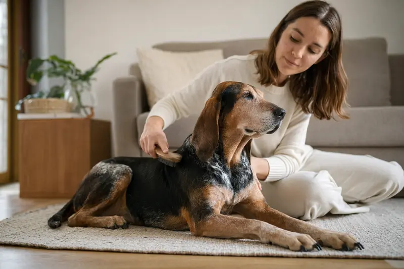 Ein Istrianer Bracke Hund wird zuhause liebevoll gebürstet und gepflegt.