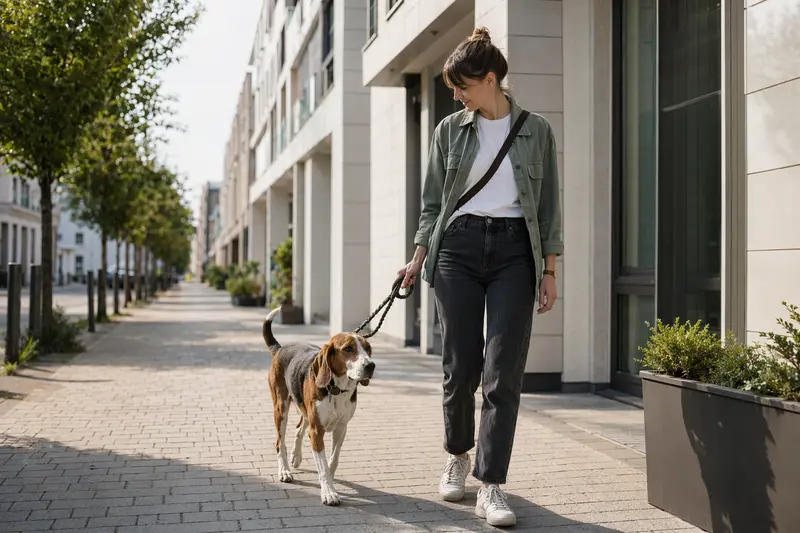 Ein Istrianer-Bracke-Hund läuft an der Leine mit seinem Besitzer durch eine moderne Stadtstraße.