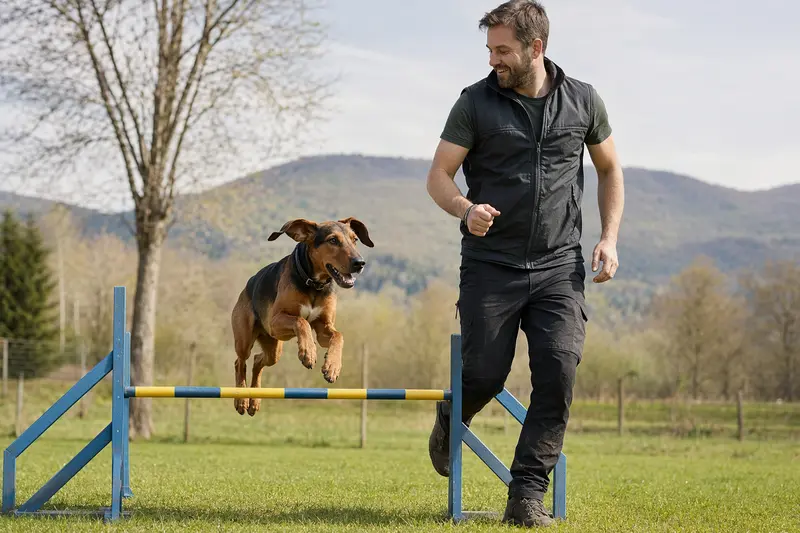 Ein Istrianer Bracke trainiert mit seinem Besitzer auf einem Hundeplatz über eine kleine Hürde.