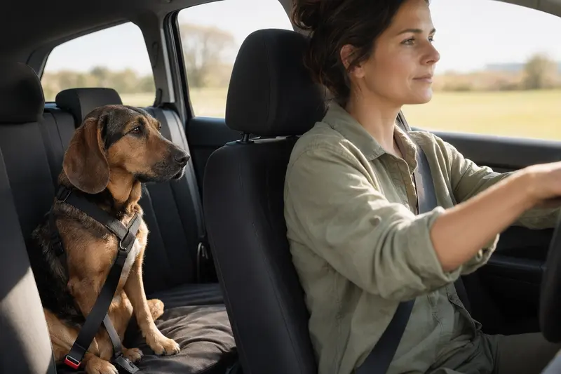 Ein Istrianer Bracke Hund sitzt sicher angeschnallt auf der Rückbank eines Autos bei Sonnenlicht.