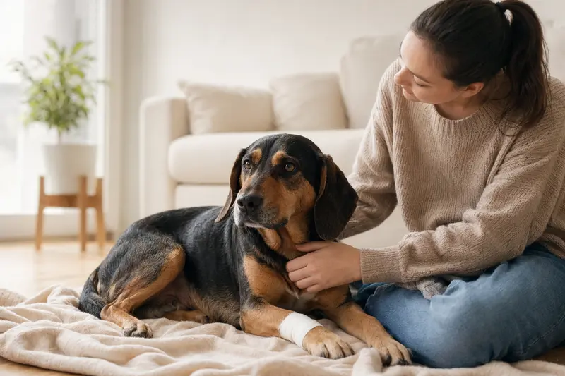 Ein Istrianer Bracke Hund mit einem leichten Verband sitzt ruhig neben seinem Besitzer in einer hellen, fürsorglichen Wohnung.