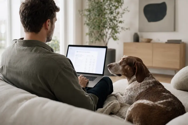 Ein Besitzer arbeitet mit dem Laptop auf dem Sofa, während sein Istrianer Bracke Hund entspannend daneben sitzt.